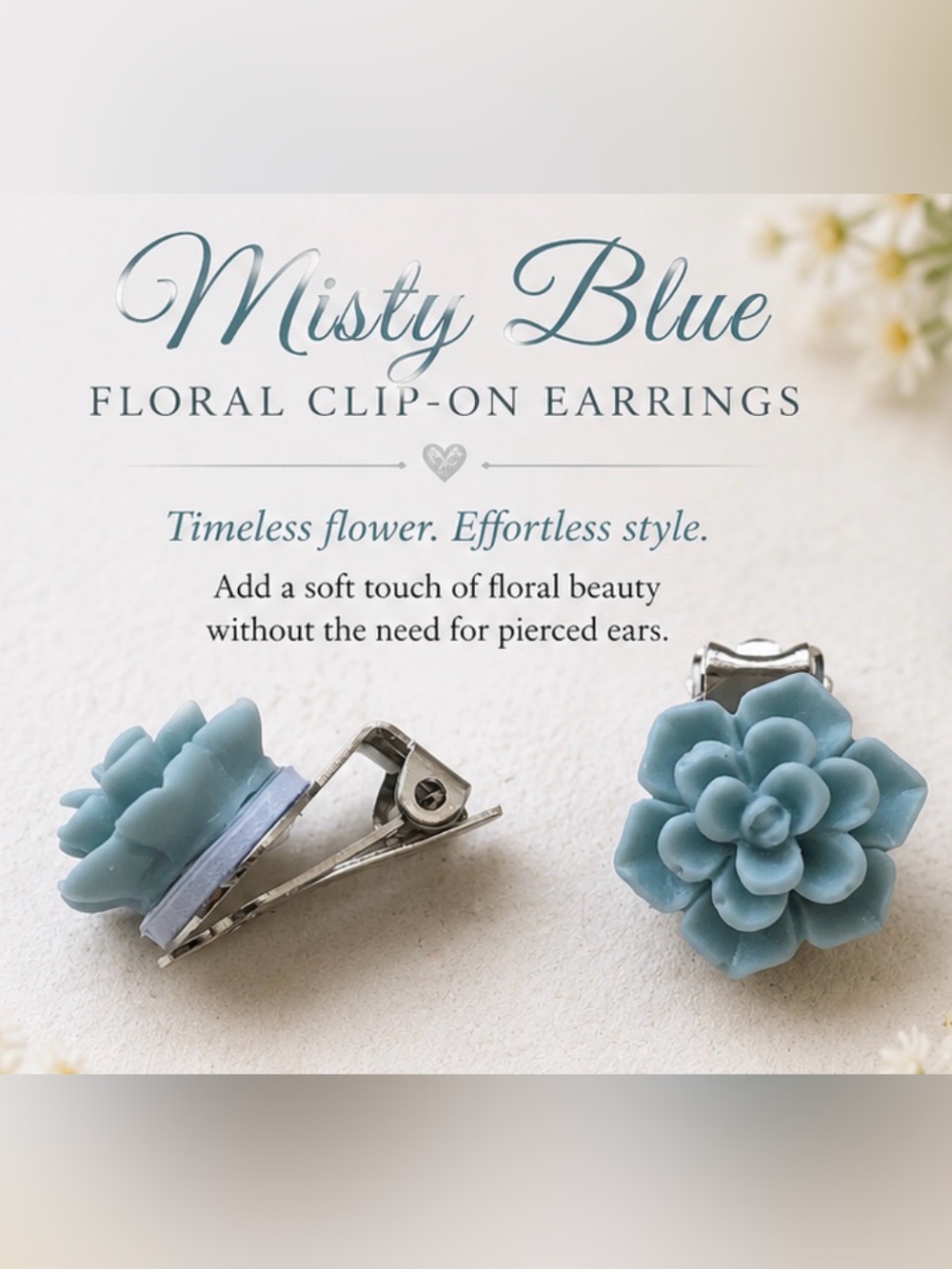 Misty Blue Floral Clip-On Earrings - Soft Blue Flower Clips